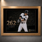 Oak framed Ichiro Suzuki 262 baseball wall art with black and gold collector artwork.