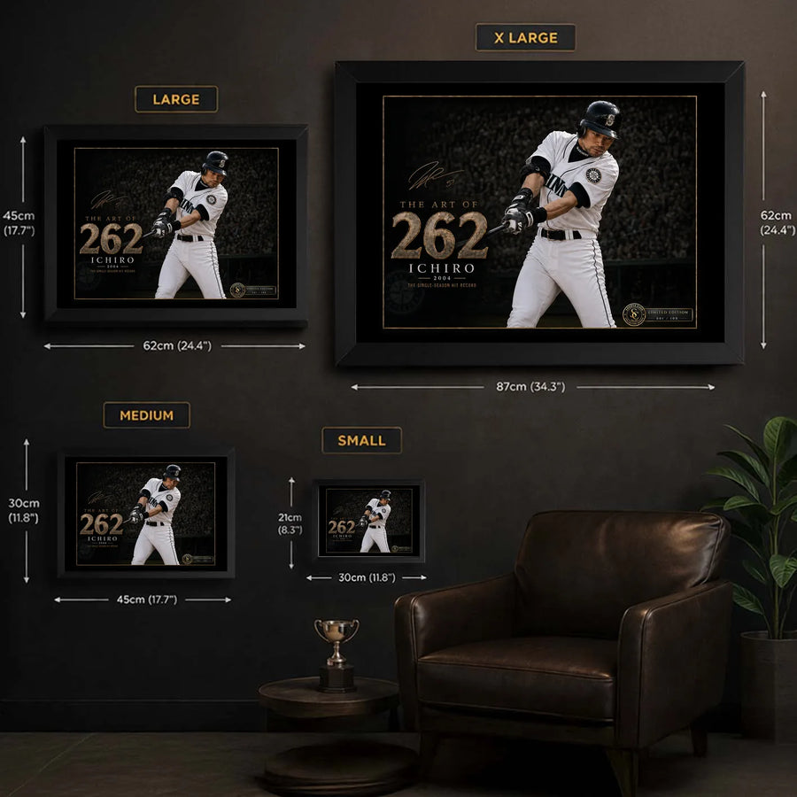 Ichiro Suzuki 262 wall art size guide showing framed XL, large, medium and small dimensions.