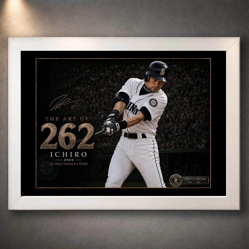 White framed Ichiro Suzuki 262 baseball wall art with black and gold collector artwork.