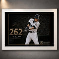 White framed Ichiro Suzuki 262 baseball wall art with black and gold collector artwork.