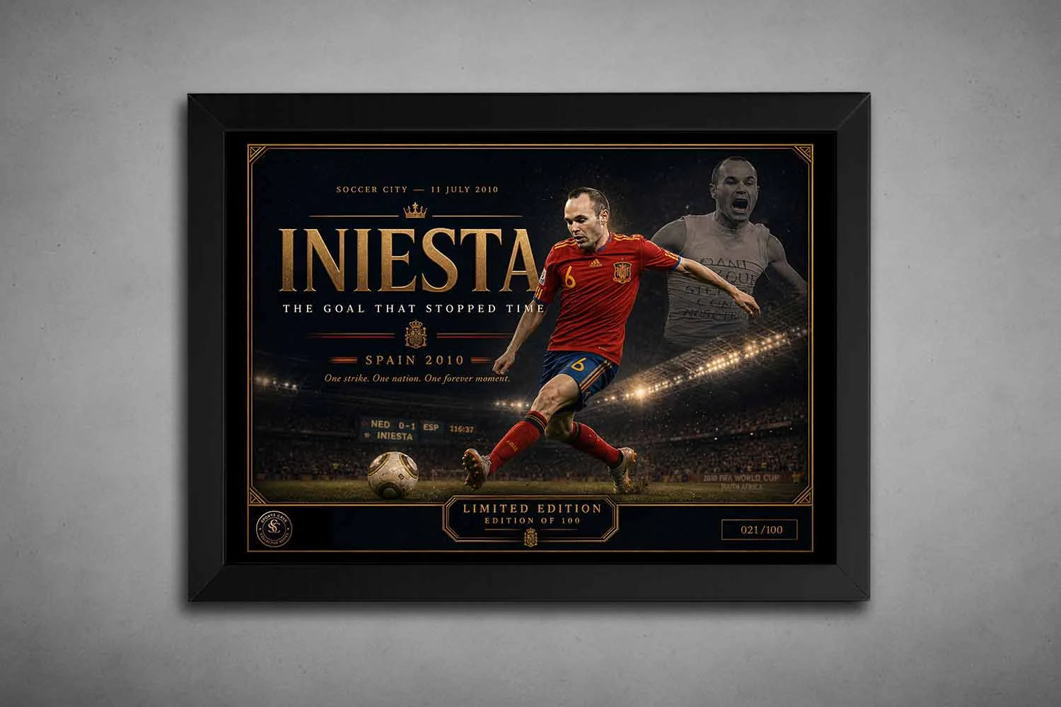 Black framed Andrés Iniesta Spain 2010 limited edition framed sports wall art celebrating his World Cup final goal.