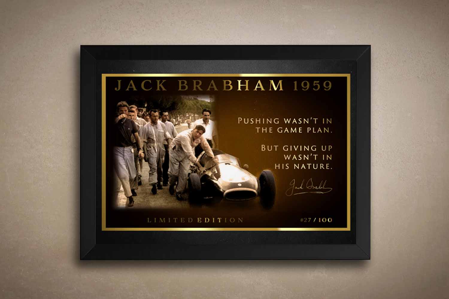 Limited edition framed sports art featuring Jack Brabham pushing his car in 1959—a premium piece of Australian motorsport memorabilia.