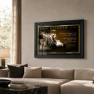 Jack Brabham motor racing wall art in a black frame displayed above a neutral living room sofa.