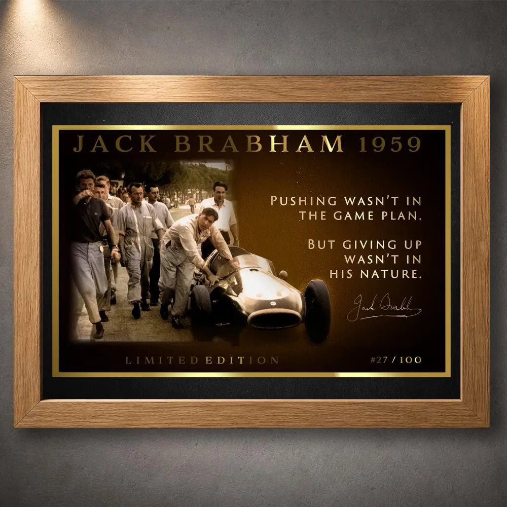 Jack Brabham 1959 motor racing wall art shown in an oak frame with the limited edition print visible.