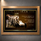Jack Brabham 1959 motor racing wall art shown in an oak frame with the limited edition print visible.