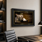 Jack Brabham motor racing wall art in a black frame displayed in a modern office above a dark desk.