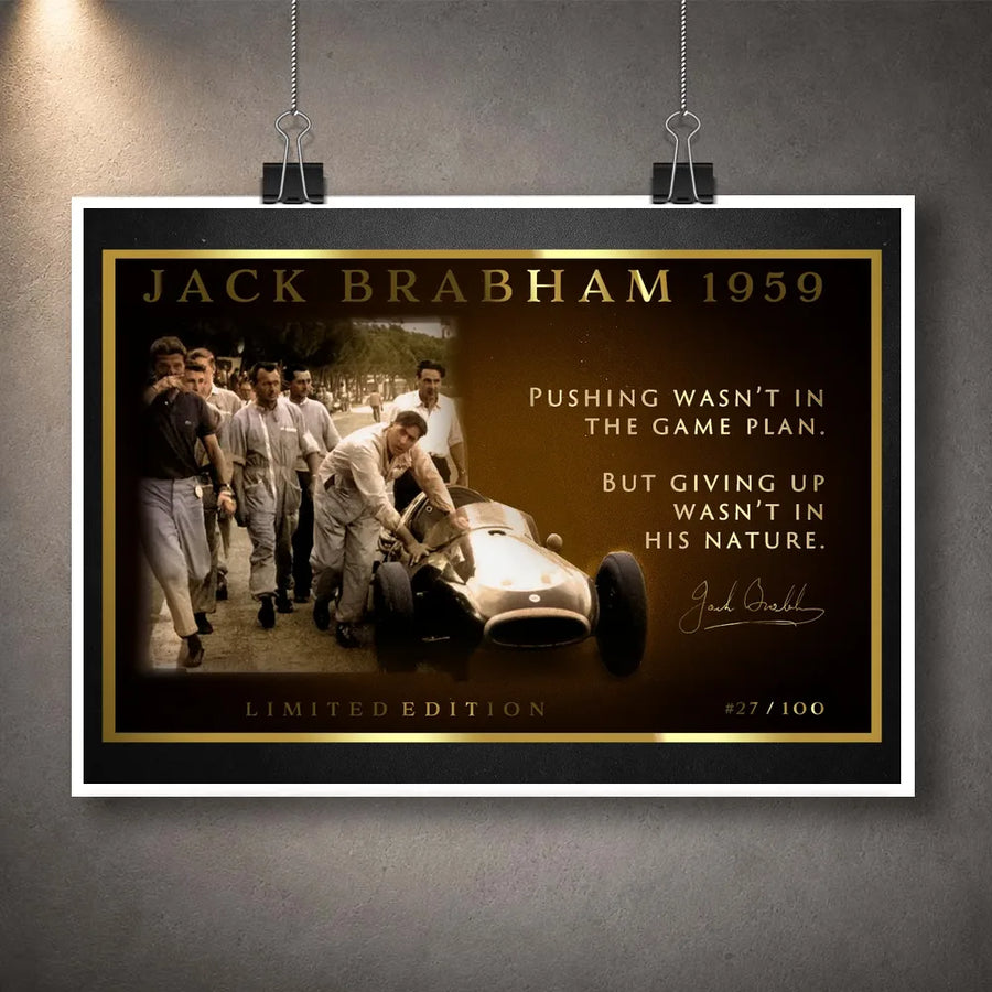 Jack Brabham 1959 motor racing wall art print version on a neutral wall.