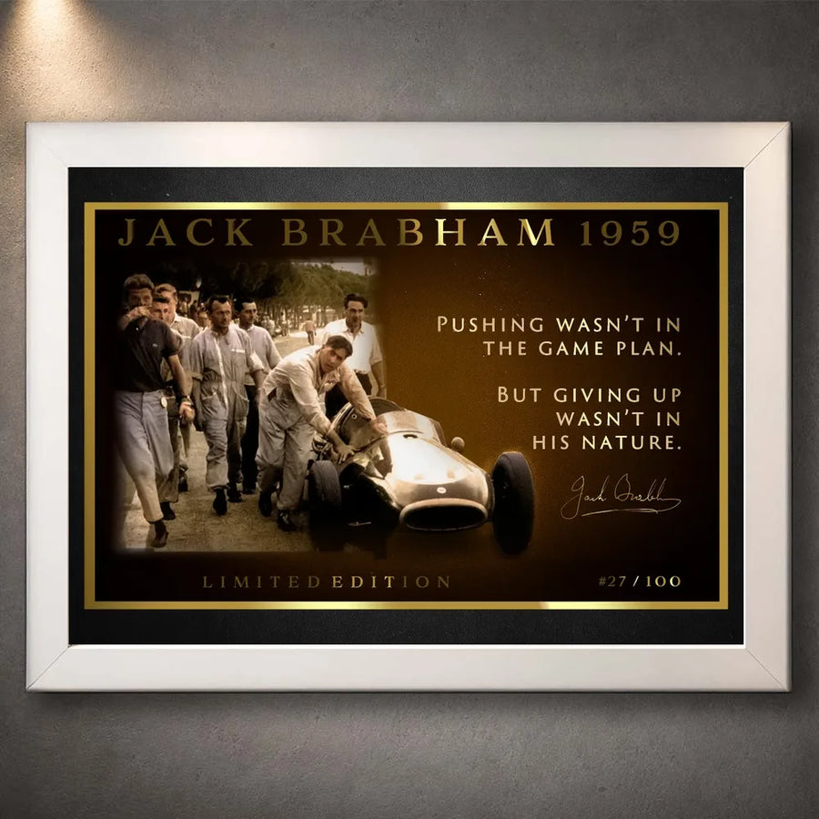 Jack Brabham 1959 motor racing wall art shown in a white frame with the collector print visible.