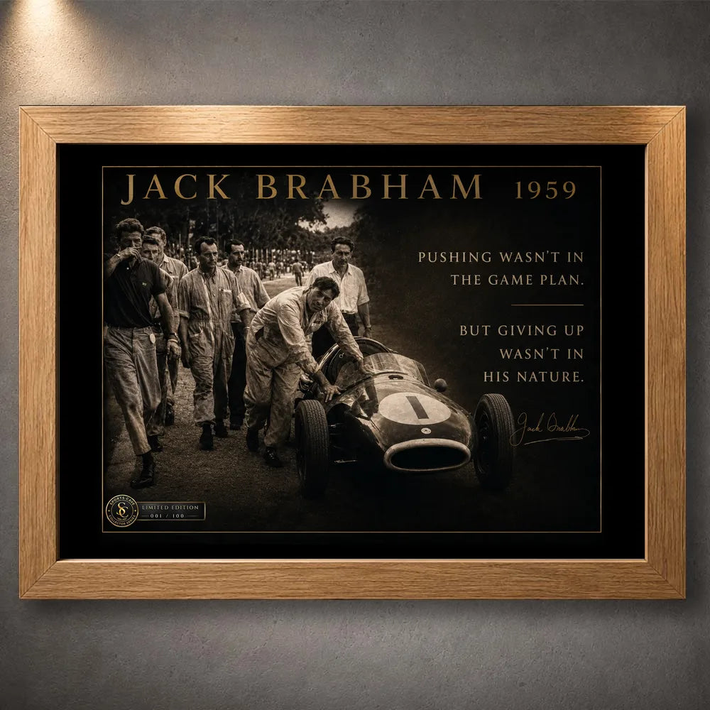 Jack Brabham 1959 motorsport wall art in an oak frame, featuring the historic car-pushing scene and limited edition plaque.