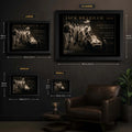 Jack Brabham framed motorsport wall art size guide showing Small, Medium, Large and X Large dimensions in centimetres and inches.