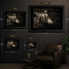 Jack Brabham framed motorsport wall art size guide showing Small, Medium, Large and X Large dimensions in centimetres and inches.