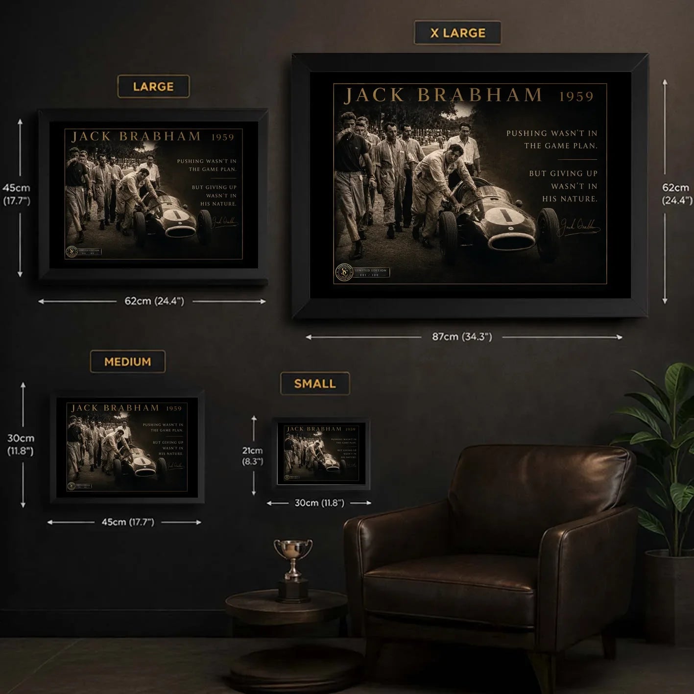 Jack Brabham framed motorsport wall art size guide showing Small, Medium, Large and X Large dimensions in centimetres and inches.