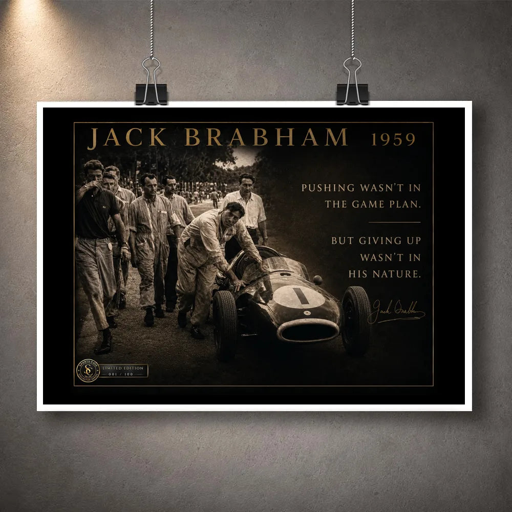 Unframed Jack Brabham 1959 motorsport wall art print, shown clipped against a dark wall with the full collector design visible.