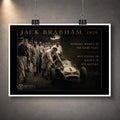 Unframed Jack Brabham 1959 motorsport wall art print, shown clipped against a dark wall with the full collector design visible.