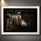 Jack Brabham 1959 motorsport wall art in a white frame, featuring the historic car-pushing scene and collector details.