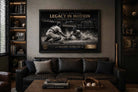 Jackie Robinson steals home framed print displayed in modern man cave, premium sports collectibles for baseball fans