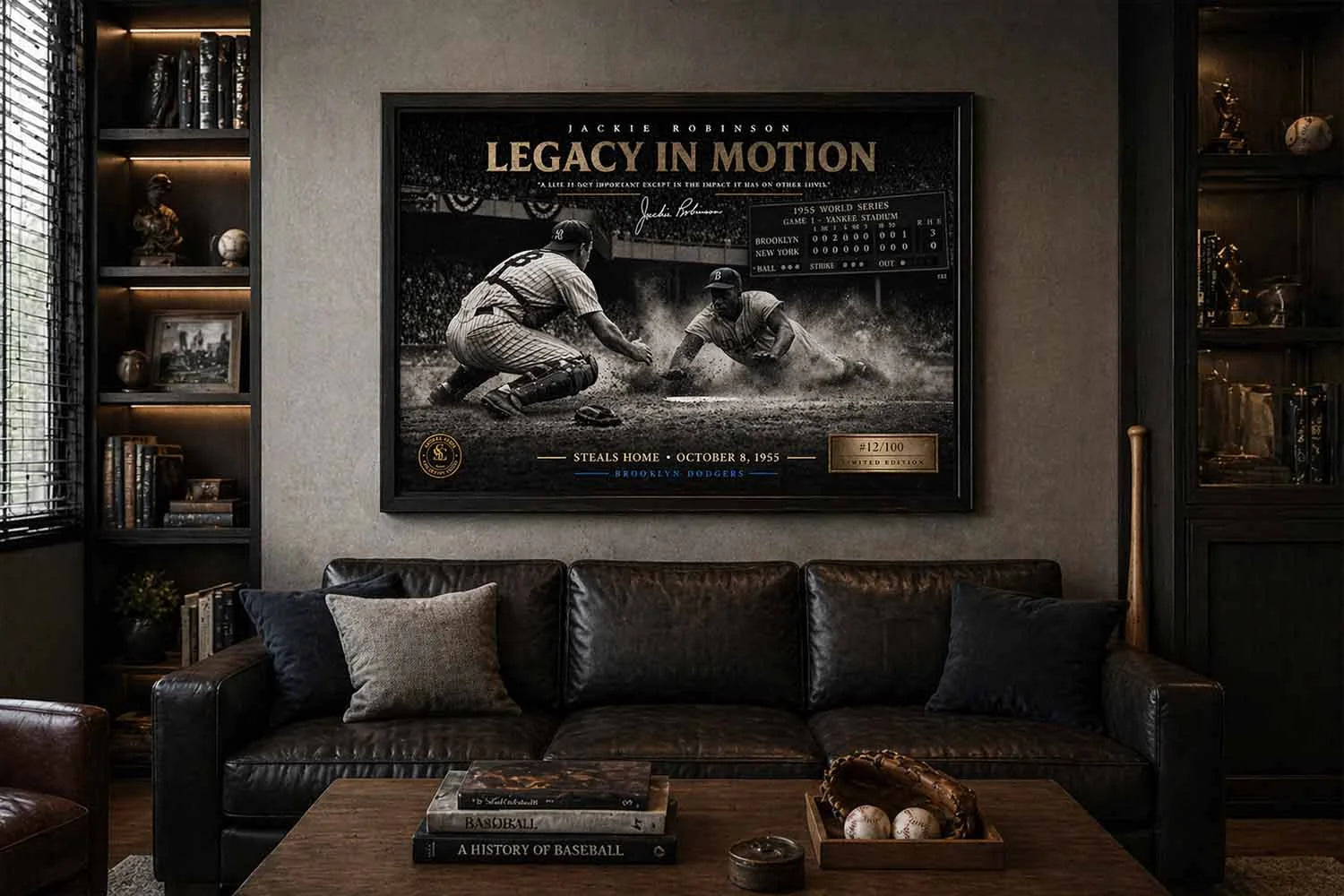 Jackie Robinson steals home framed print displayed in modern man cave, premium sports collectibles for baseball fans