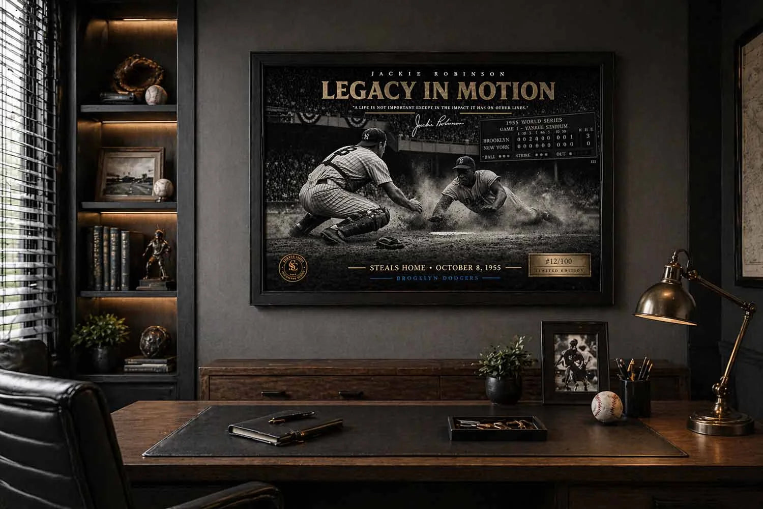 Jackie Robinson 1955 World Series artwork in office setting, refined man cave wall décor for baseball enthusiasts