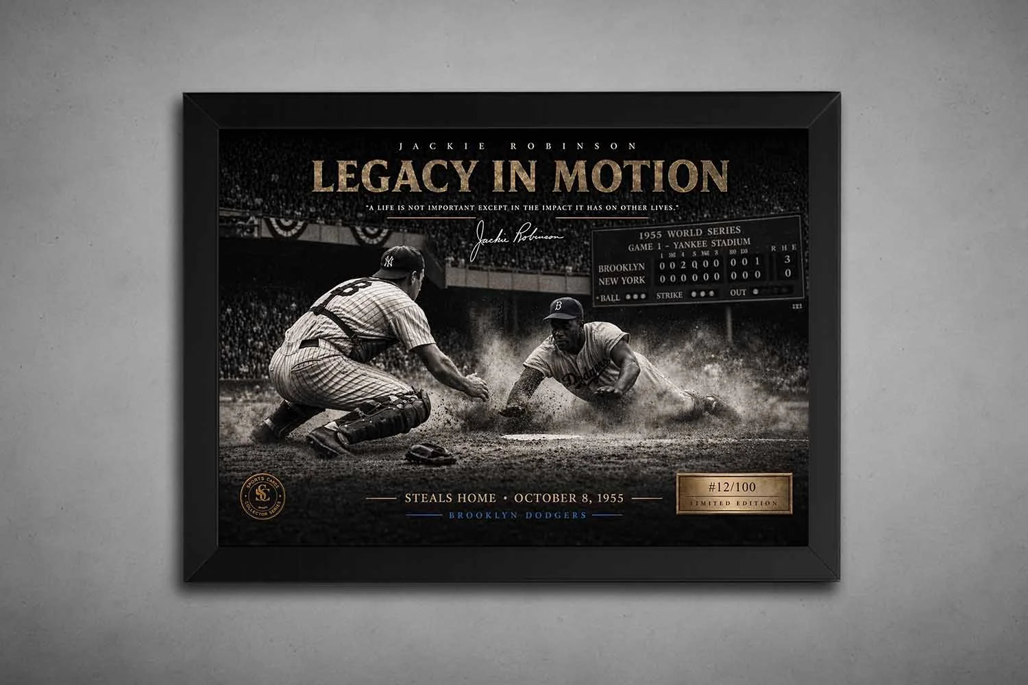 Jackie Robinson steals home in 1955 World Series displayed in black frame, premium sports wall art for baseball collectors
