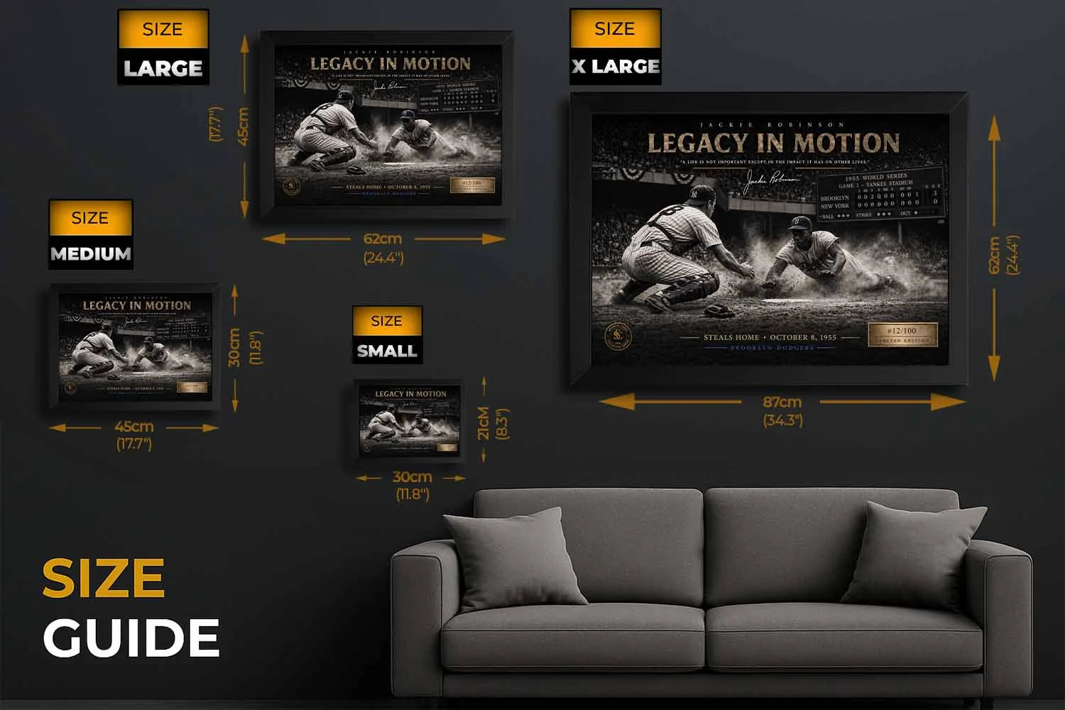 Jackie Robinson framed sports wall art size guide showing small to extra large formats for perfect display selection