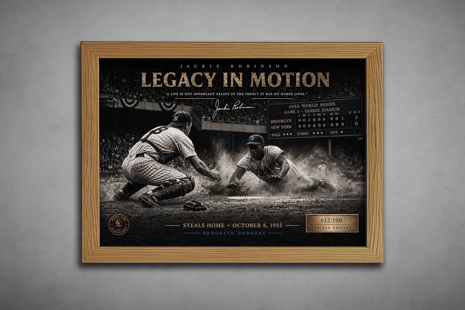Jackie Robinson iconic steal of home artwork in oak frame, vintage baseball moment as framed sports memorabilia piece