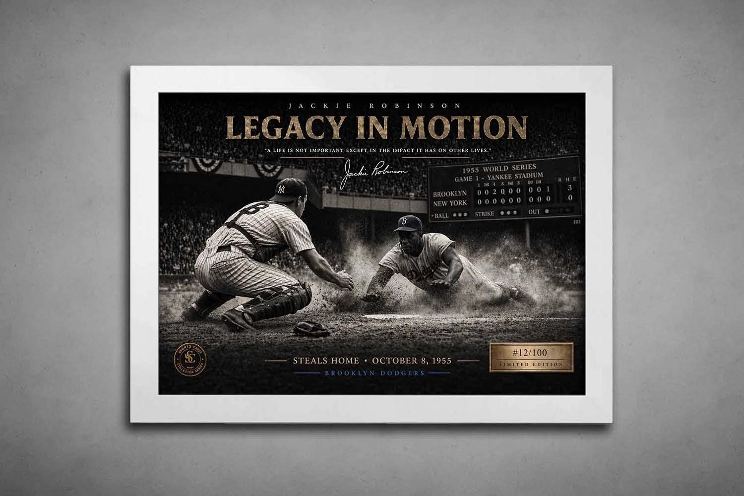 Jackie Robinson 1955 World Series steal of home print in white frame, elegant framed sports art for classic interiors