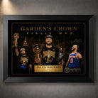 Black framed Jalen Brunson Finals MVP Knicks NBA wall art with gold collector styling for New York basketball fans.