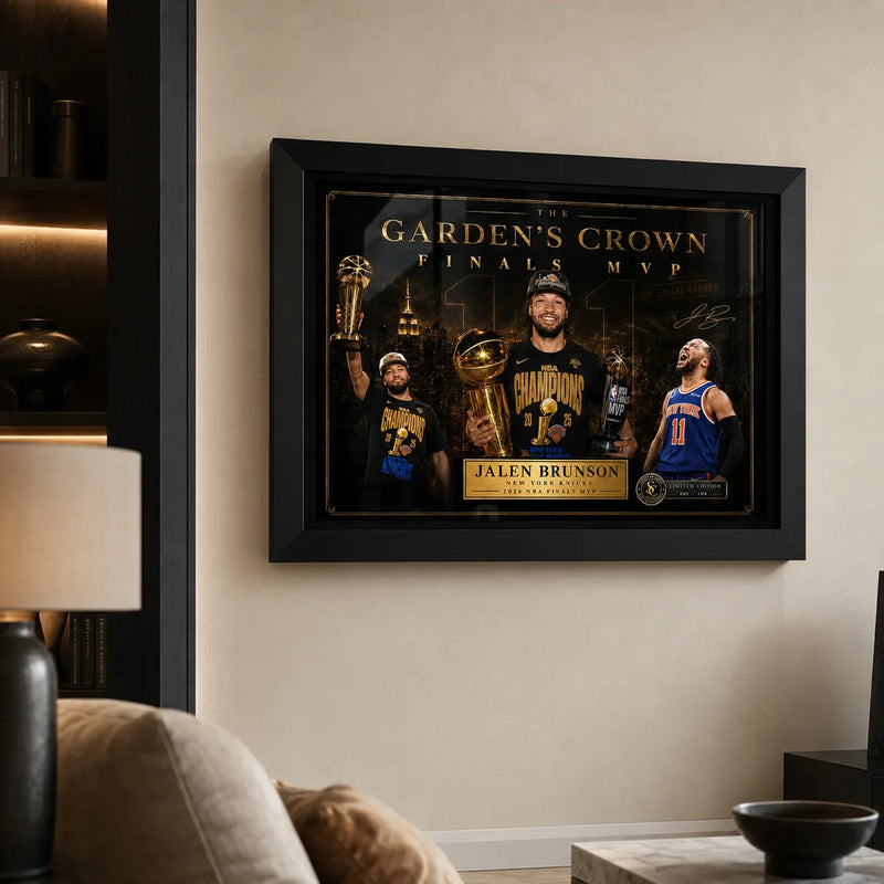 Jalen Brunson Finals MVP Knicks NBA wall art displayed in a modern living room for serious basketball collectors.