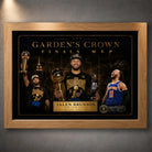 Oak framed Jalen Brunson Finals MVP Knicks NBA wall art with gold collector details for New York basketball fans.