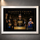 White frame Jalen Brunson Finals MVP Knicks NBA wall art with dark gold collector styling for New York fans.