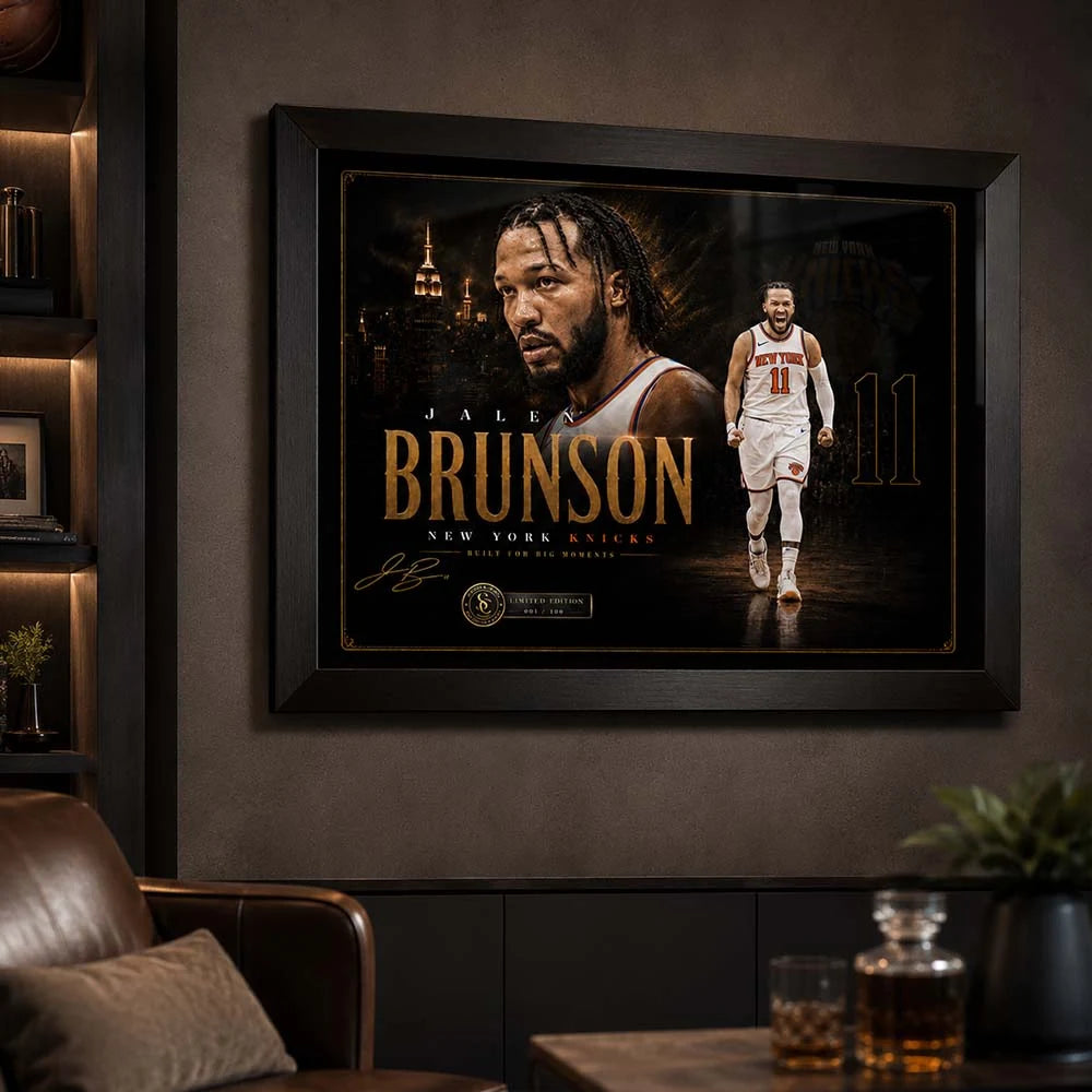 Jalen Brunson Knicks NBA wall art in a dark man cave lifestyle scene with strong collector-style black framing.