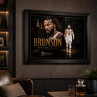 Jalen Brunson Knicks NBA wall art in a dark man cave lifestyle scene with strong collector-style black framing.