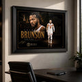 Jalen Brunson Knicks NBA wall art shown in a premium office lifestyle scene with sharp black frame detail for fans.