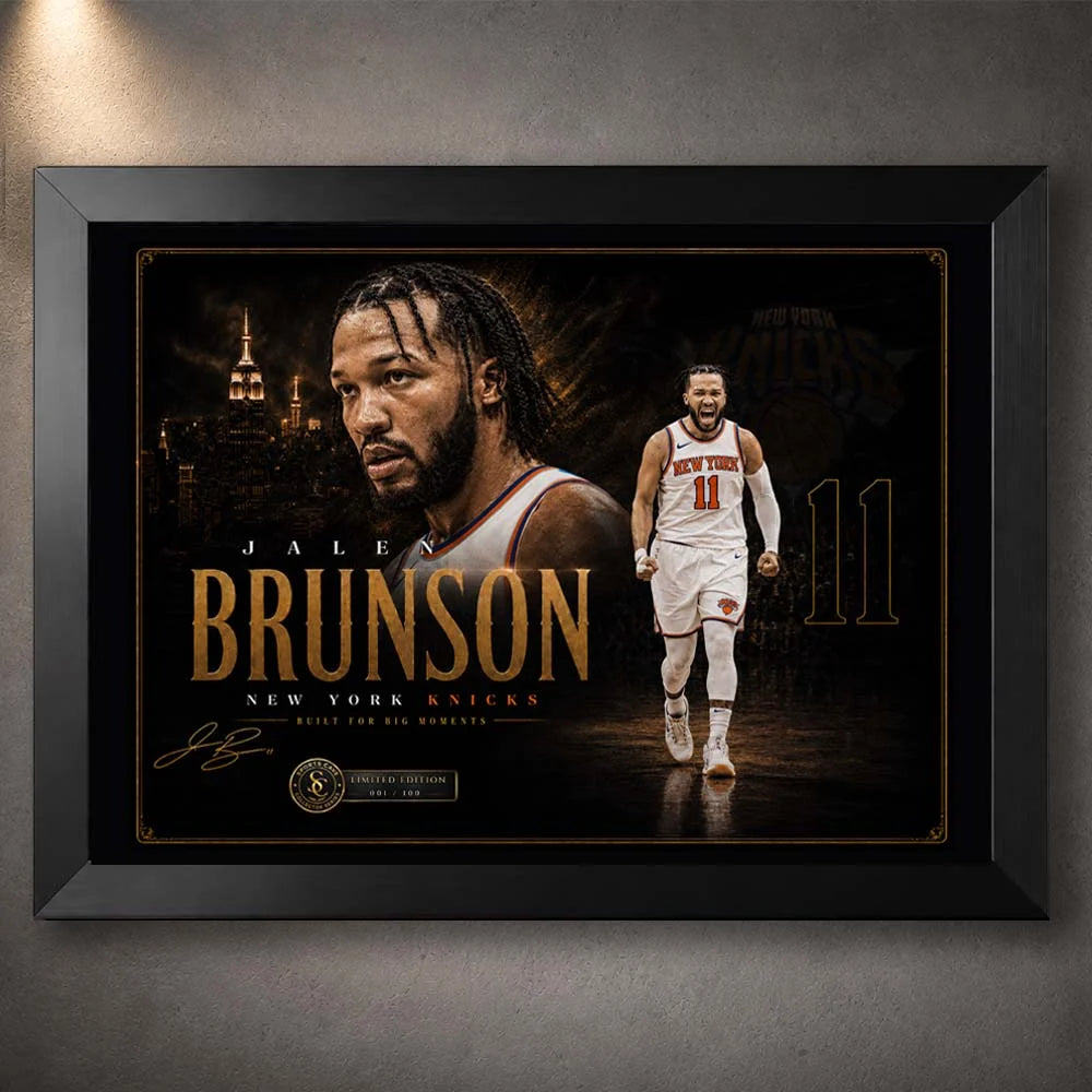Black framed Jalen Brunson Knicks NBA wall art in dark gold collector styling for proud New York basketball fans.