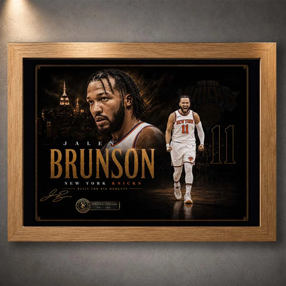 Oak framed Jalen Brunson Knicks NBA wall art with gold collector styling for proud New York basketball fans today.