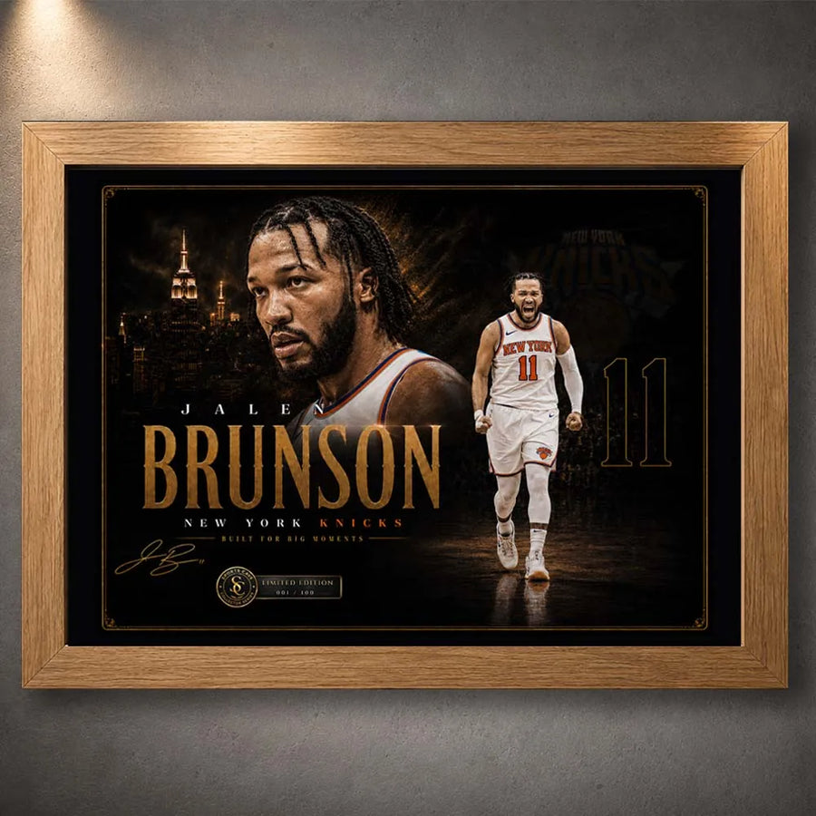 Oak framed Jalen Brunson Knicks NBA wall art with gold collector styling for proud New York basketball fans today.