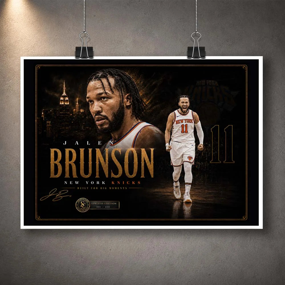 Unframed Jalen Brunson Knicks NBA wall art shown as a hanging print with dark gold collector styling for fans.