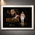 White framed Jalen Brunson Knicks NBA wall art with dark collector design and limited edition gold detailing for fans.