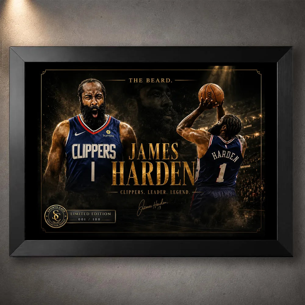 Clipper Control basketball wall art shown in a black frame with dark gold artwork details