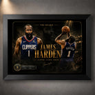 Clipper Control basketball wall art shown in a black frame with dark gold artwork details