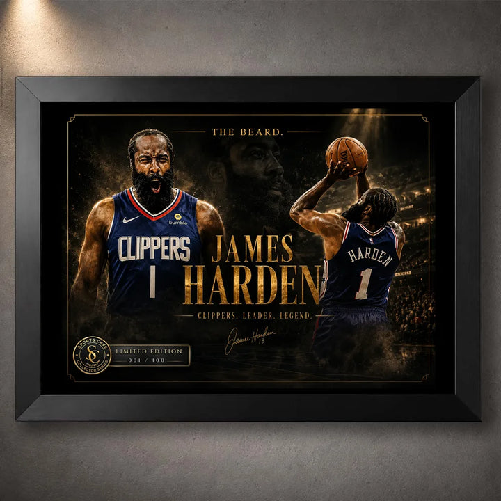 Clipper Control basketball wall art shown in a black frame with dark gold artwork details