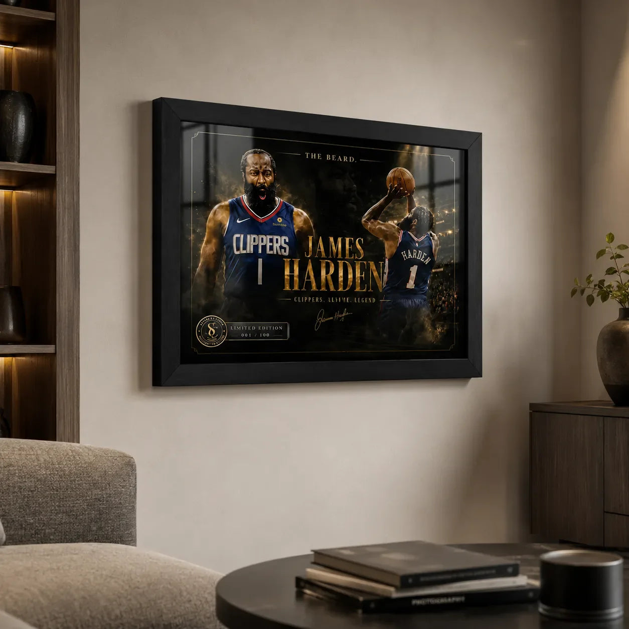 Clipper Control framed basketball wall art displayed on a warm living room wall above a low coffee table