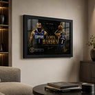 Clipper Control framed basketball wall art displayed on a warm living room wall above a low coffee table