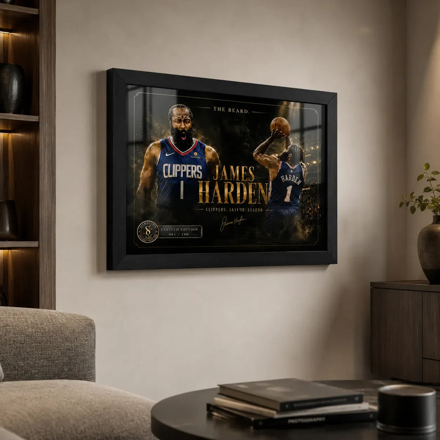 Clipper Control framed basketball wall art displayed on a warm living room wall above a low coffee table