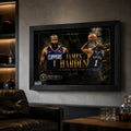 Clipper Control basketball wall art in a black frame on a dark man cave wall with premium shelving