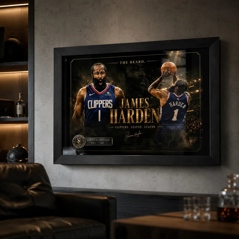 Clipper Control basketball wall art in a black frame on a dark man cave wall with premium shelving