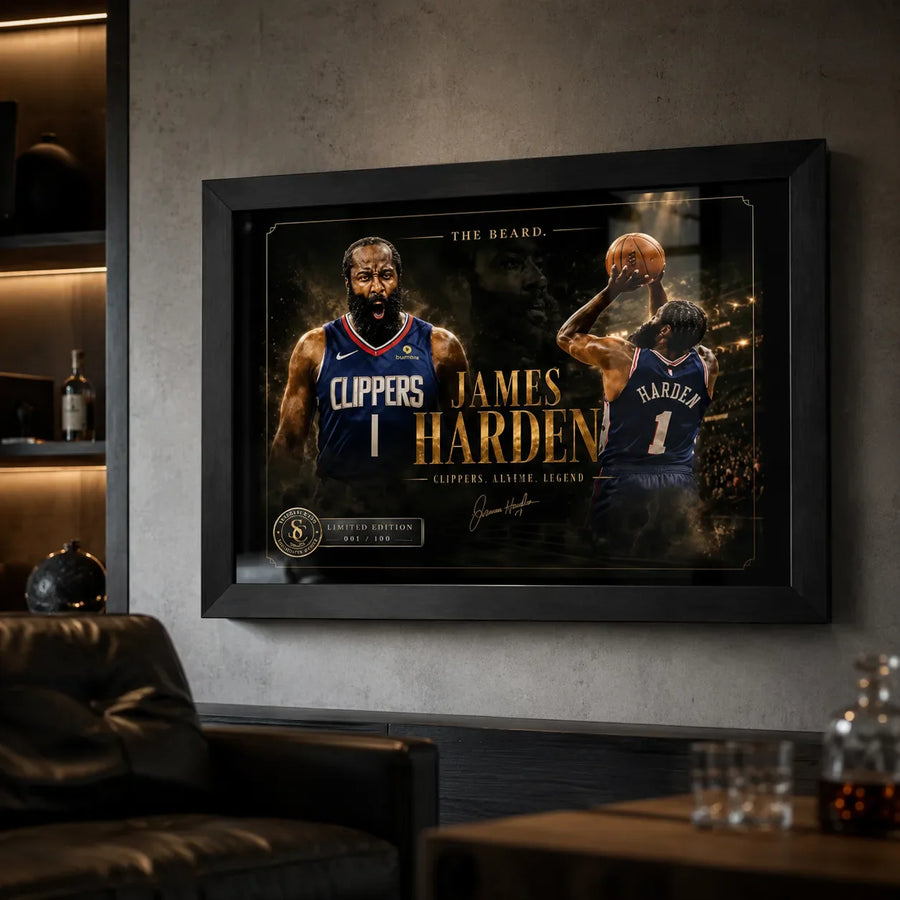 Clipper Control basketball wall art in a black frame on a dark man cave wall with premium shelving