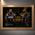 Clipper Control basketball wall art shown in an oak frame on a textured wall