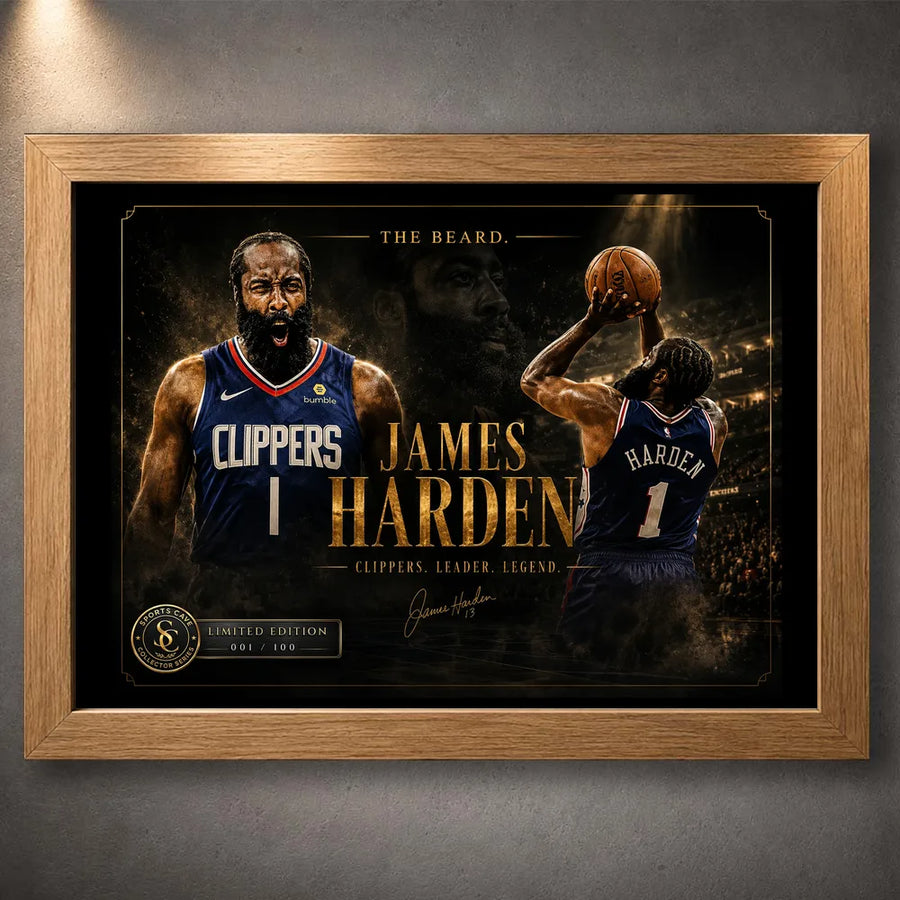 Clipper Control basketball wall art shown in an oak frame on a textured wall