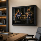 Clipper Control basketball wall art in a black frame displayed on a modern office wall above a timber desk